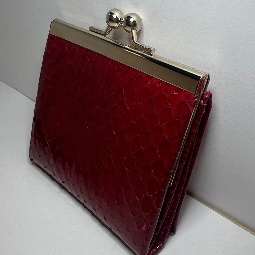 Marshall Field’s Red Snakeskin Mini 3” x 2.5” Kisslock Trifold Wallet - Unused
